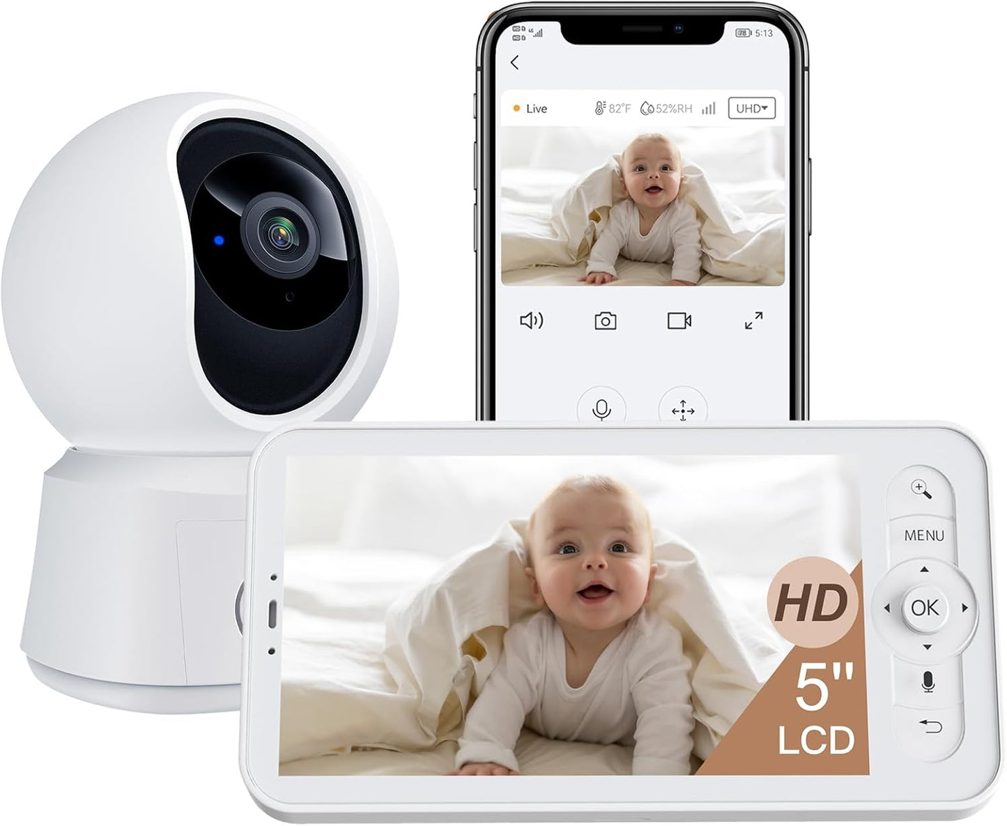 ARENTI Smart Baby Monitor with Camera and Audio, 1080P PTZ Camera with 5-inch Screen, Free Smartphone App, 2.4G WiFi, Auto Tracking, Temp Sensor, Lullaby, Night Vision, 2-Way Talk, Vox Mode(B2S Kit)