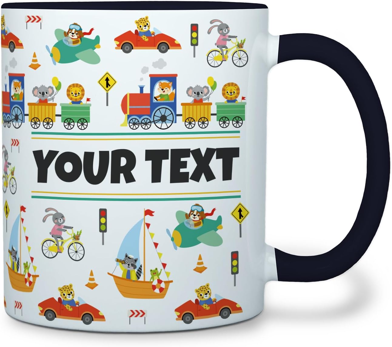 Personalized Mug for Kids - Vehicles - Custom Name/Text, Ceramic Hot Chocolate/Cocoa/Coffee Cup for Boys, Birthday/Christmas/Holiday Gift - 11 oz, Black Handle
