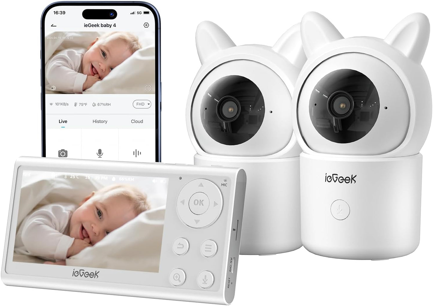 ieGeek Baby Monitor with 2 Cameras, Split-Screen Video Baby Monitor with Audio and 1080P Camera 4.3" Screen - Night Vision, Two-Way Talk, Cry & Motion Detection, Pan-Tilt-Zoom via Screen and Free APP