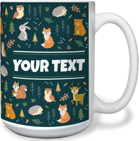 Personalized Mug for Kids - Woodland Animals - Custom Name/Text, Ceramic Hot Chocolate/Cocoa/Coffee Cup for Boys/Girls, Birthday/Christmas/Holiday Gift - 15 oz, White Handle