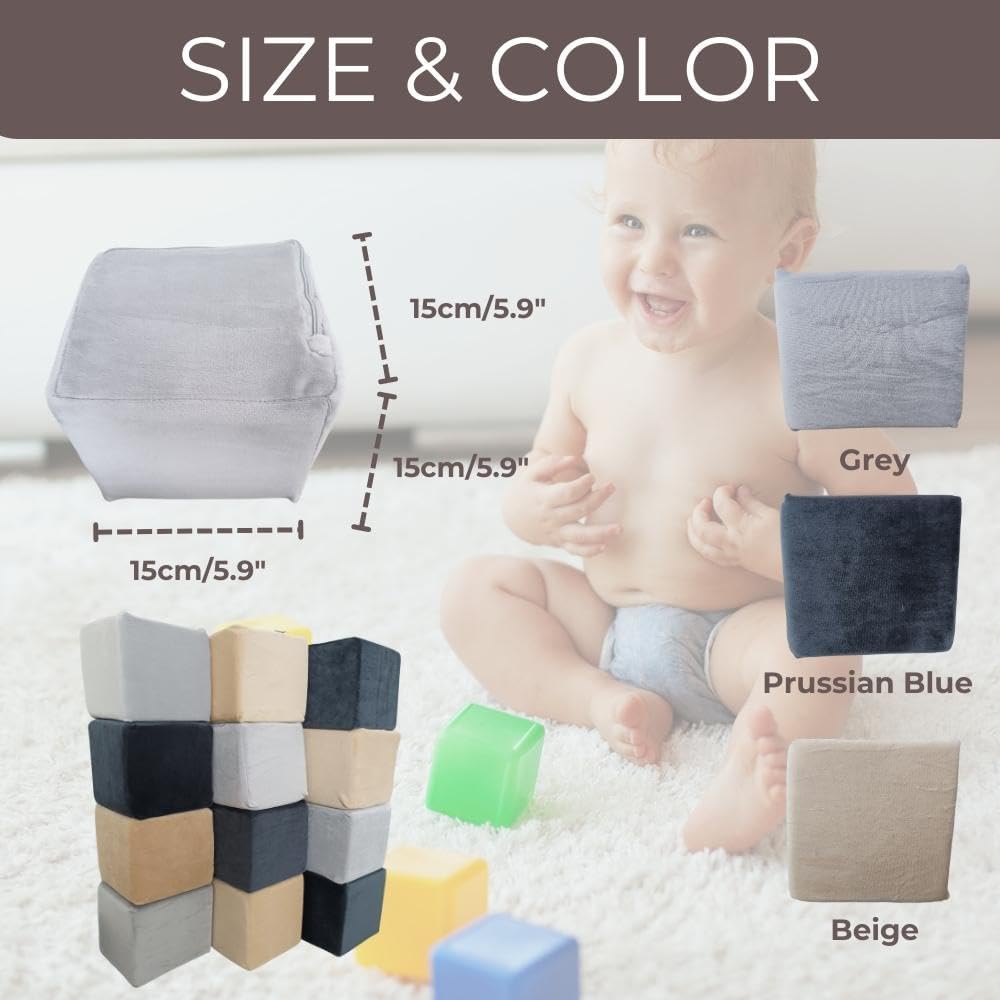 Wonder Space Plush Foam Blocks - Nursery Building & Stacking Toys for Toddlers Boys & Girls, Soft Smooth Velvet Cover, Early Education Gross Motor Skills & Brain Development (12 Cubes, Castle Rock)