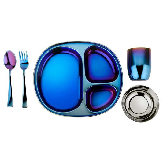 Ahimsa Stainless Steel Kids Dinnerware Set - 5 Piece Stainless Steel Toddler Plates and Bowls Set, Pediatrician Designed, Plastic Free Toddler Plate and Bowl, Kids Utensils and Cup (Blue)