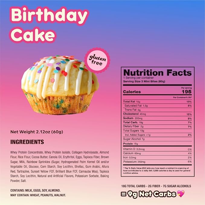 Prime Bites Minis | Protein Mini Muffins from Alpha Prime Supplements | High Protein, Collagen Fortified Low Sugar Treat | Delicious Snack | 12 Packs per Box - Birthday Cake