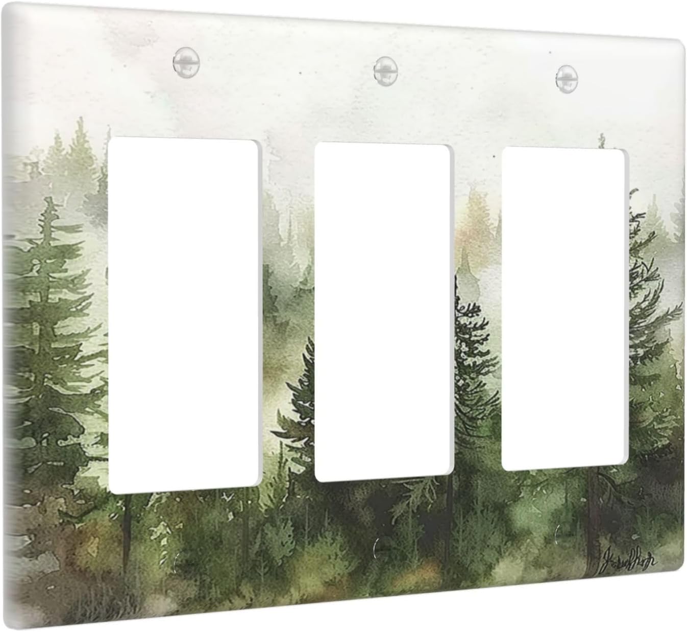 Light Switch Covers Green Forest Watercolor Painting Foggy Pine 3 Gang Rocker Electrical GFCI Decorative Triple Outlet Wall Plate Cover Switchplate for Bedroom living Room Decor