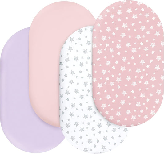 Bassinet Sheets Set 4 Pack for Baby Girl, Universal Fit for Oval, Hourglass and Rectangular Mattress, Pink