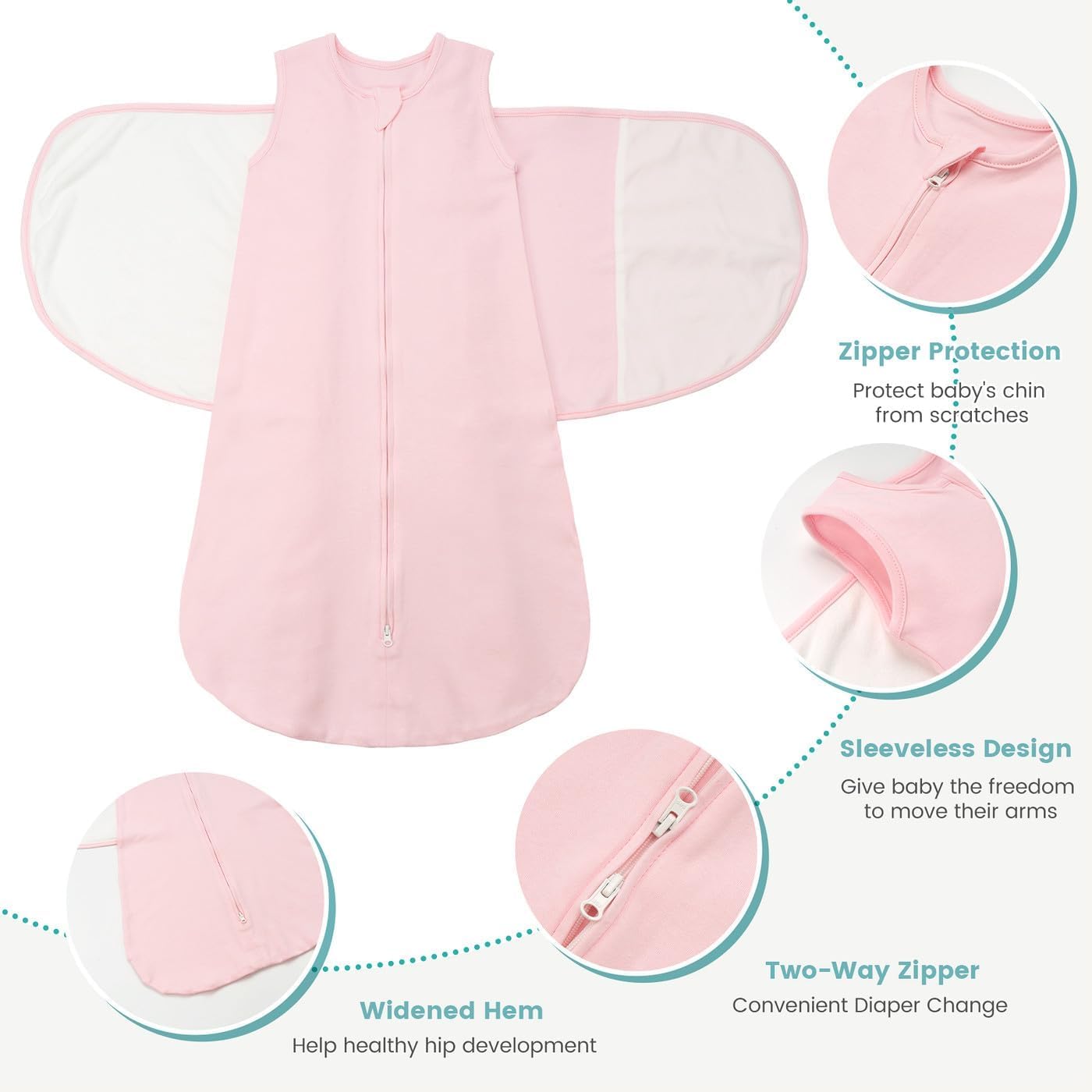 Baby Swaddle Sleep Sack 1.0 Tog 3-in-1 Cotton Baby Swaddle Blanket Wrap for Newborns 0-6 Months Pink