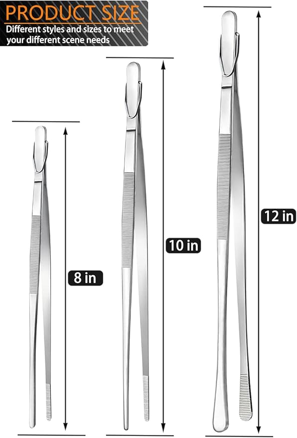 JETKONG 3 Pcs Kitchen Tweezers Tongs, Stainless Steel Cooking Tweezers, 8+10+12 Inch Ideal for meat, pasta, plating and pinching delicate small pieces of food (Silver)