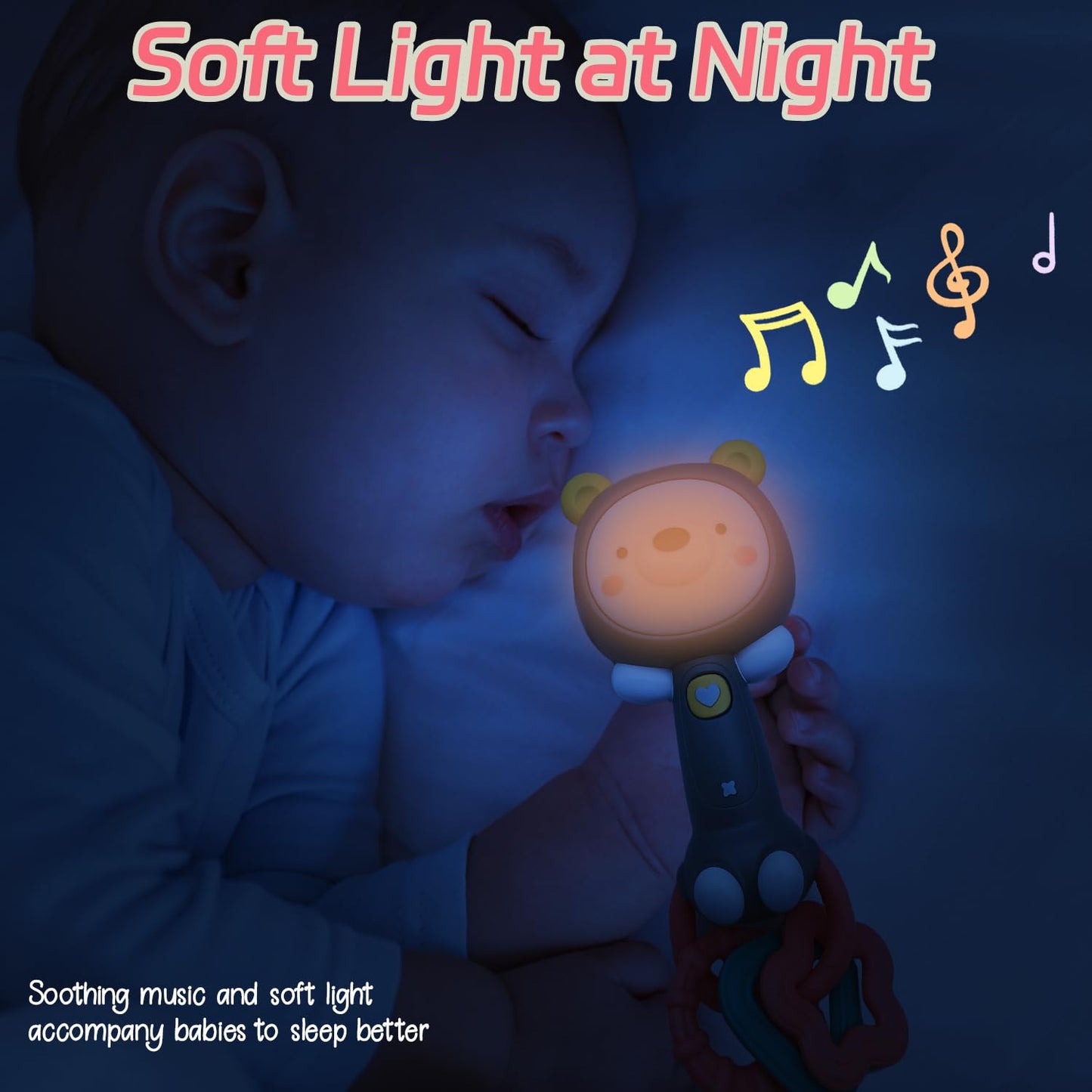 Baby Music Rattle, Teething Toys for Infants 6-12-18 Months Toddlers, Light-Up & Chew Sensory Toys for Baby Boy Girl Gifts (Grizzlies)