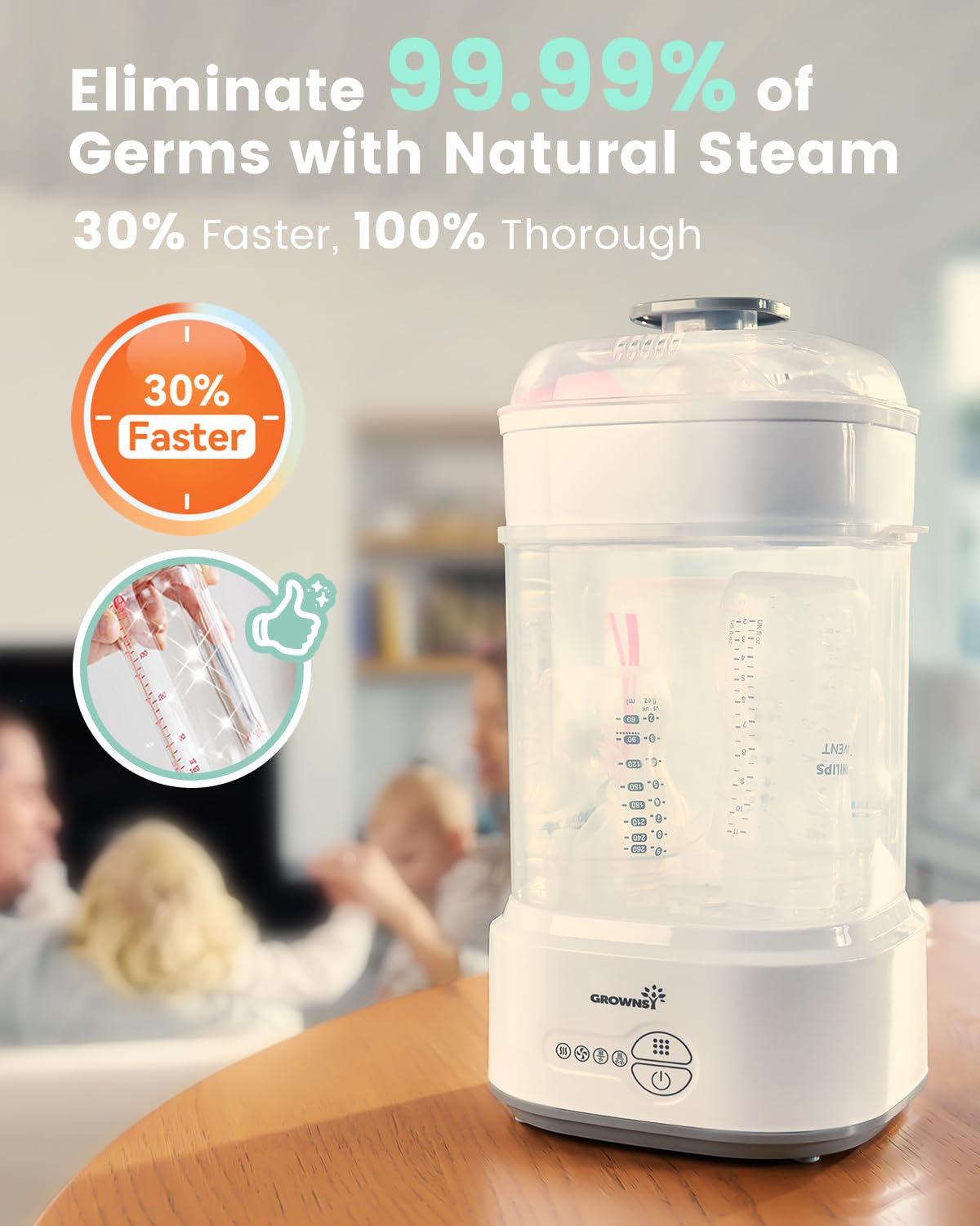 GROWNSY Bottle Sterilizer and Dryer, Compact Electric Steam Baby Bottle Sterilizer (Esterilizador de Biberones), Bottle Sanitizer for Baby Bottles, Pacifiers, Pump Parts