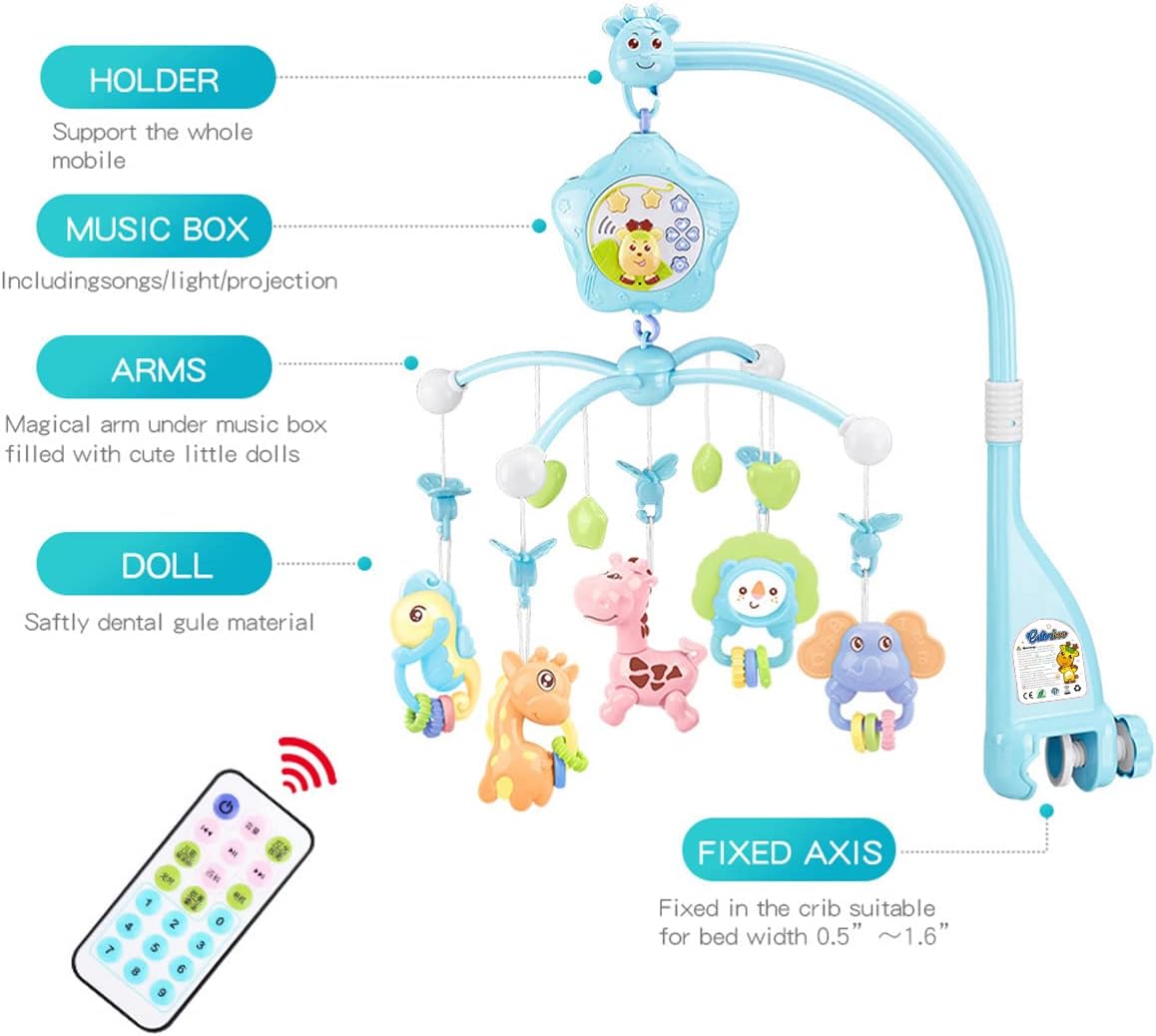 Baby Mobile for Crib with Musicial and Lights, Remote, lamp, Projector for Pack and Play, for Ages 0+ Months (Blue-Forest)