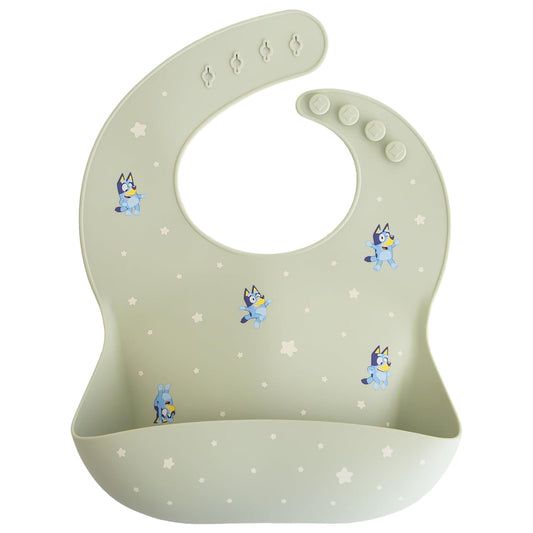 mushie x Bluey Silicone Baby Bib | Adjustable Fit Waterproof Bibs (Bluey Sage)