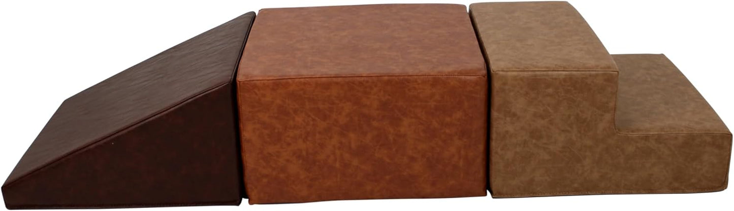 SoftScape Rustic Kid Playtime Climber, Indoor Active Playset for Toddlers and Children, Safe Soft Foam for Crawling and Sliding (3-Piece Set) - Distressed Faux Leather Assorted