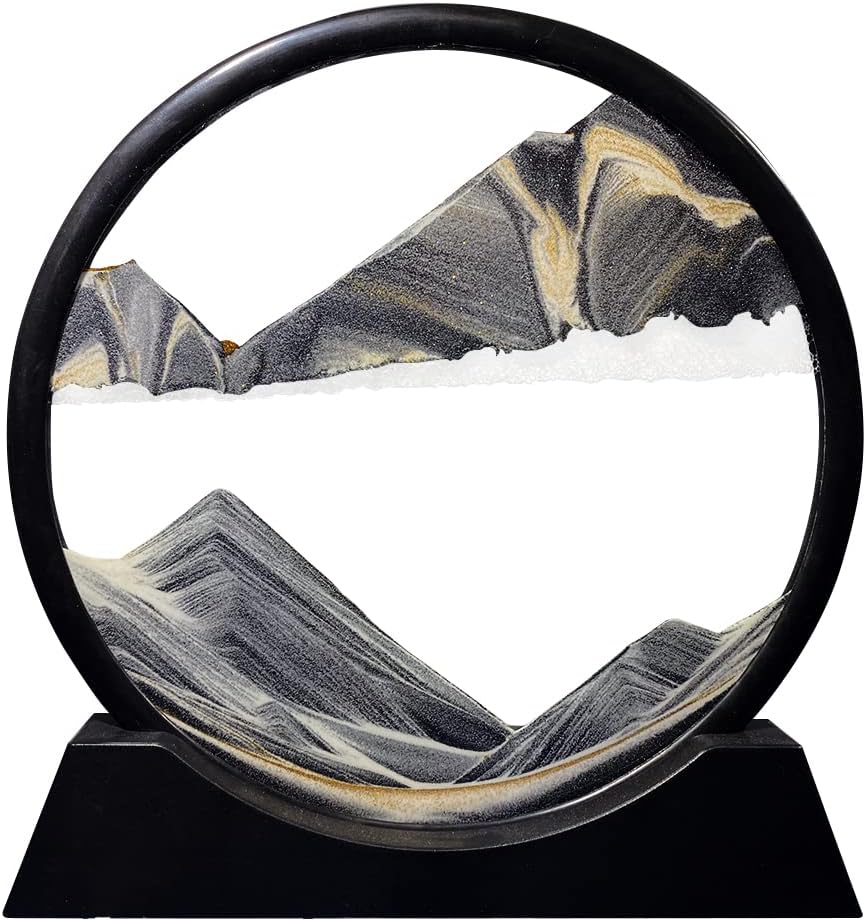 Aoderun Moving Sand Art Picture Round Glass 3D Deep Sea Sandscape in Motion Display Flowing Sand Frame Relaxing Desktop Home Office Work Decor (12", New black)