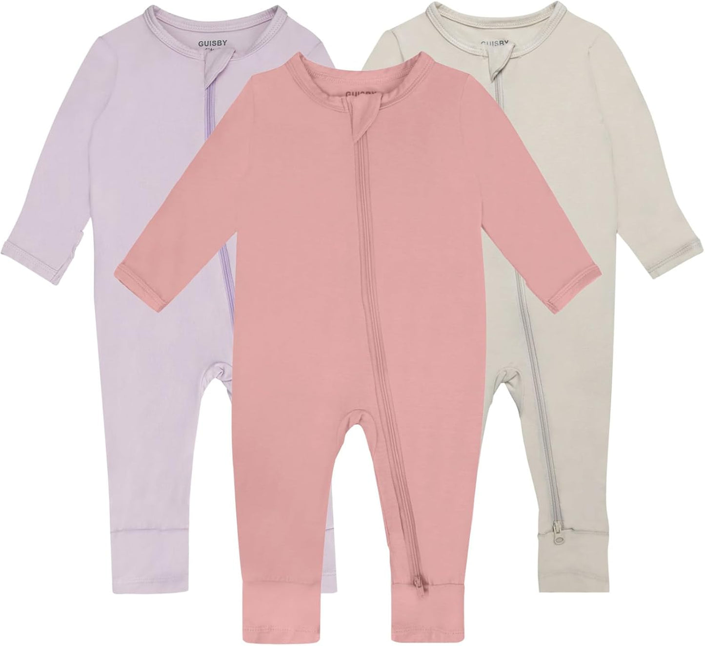 GUISBY Baby Pajamas with Mitten Cuffs - 3Pcs Girls Boys 2 Way Zipper Long Sleeve Rayon Sleepers