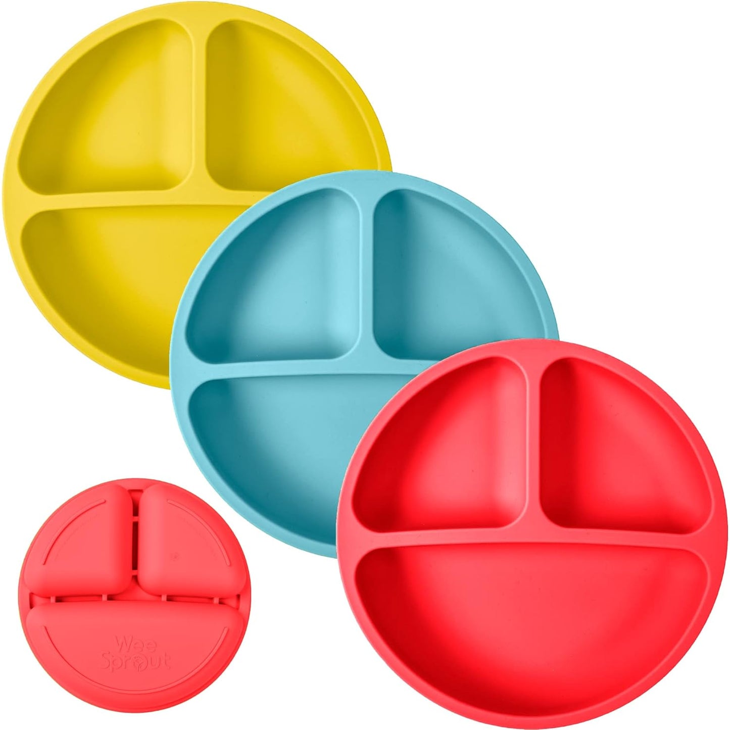 WeeSprout Silicone Plates for Babies & Toddlers (3 Pack) 100% Food-Grade Dishes for Self Feeding, Divided Design & Raised Edges for Picky Eaters, Dishwasher & Microwave Safe Weaning Supplies