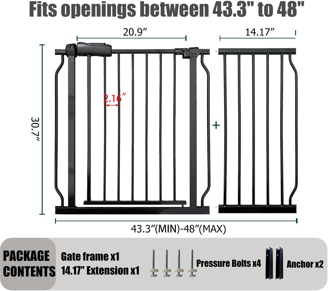 Extra Wide Baby Gate - 43.3-48 Inch Tension Mounted Safety Child & Pet Gate - Black Metal - Walk Through - Long - for House Doorways & Stairs, 30 Inch Tall