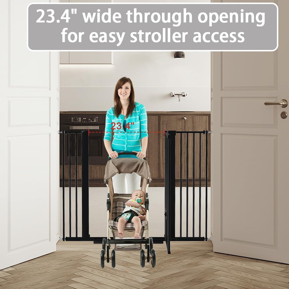40.55" Tall 1.37" Ultra Narrow Spacing Dogs Pets Baby Gate with Door for Doorway Cat Safety Proof Indoor 57.68-73.43" Extra Wide Puppy Pressure Mounted Black Metal Hallway
