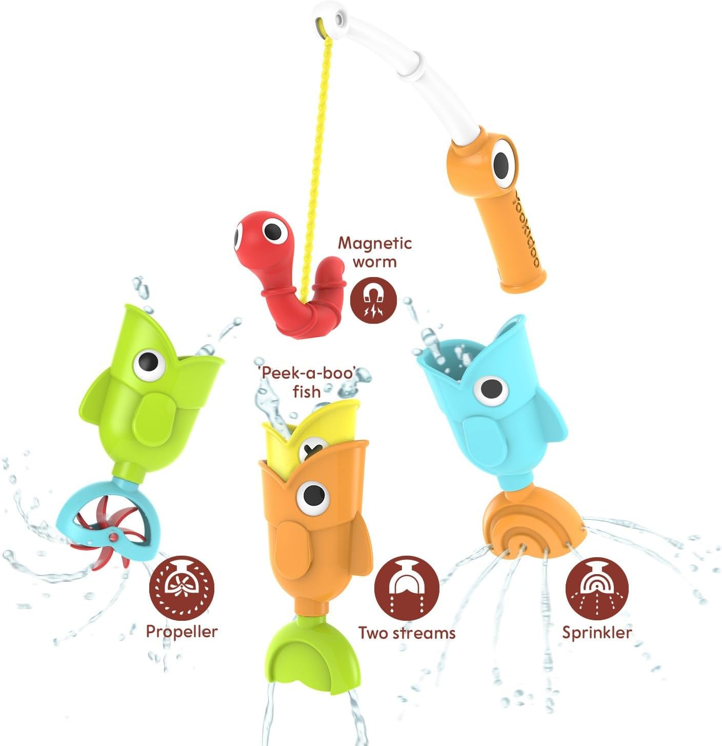 Yookidoo Toddler Baby Bath Magnetic Fishing Game Toy with Water Effects (Ages 2+) Includes 3 Moving Fish, Worm & Fishing Pole (4pc) Floating Fish Playset for Bath Time or Pool (Mold Free)