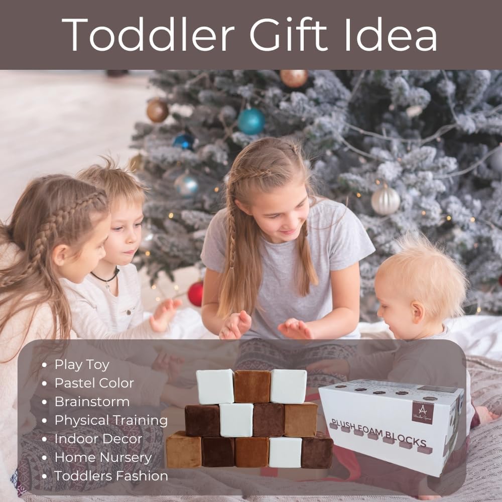 Wonder Space Plush Foam Blocks - Nursery Building & Stacking Toys for Toddlers Boys & Girls, Soft Smooth Velvet Cover, Early Education Gross Motor Skills & Brain Development (12 Blocks, Nougat)