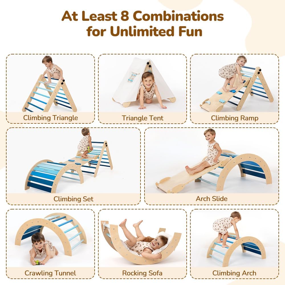 Pikler Triangle Set with Cushion, 8-in-1 Toddler Climbing Toys Indoor, Wooden Montessori Climbing Set with Arch Ramp,Ladder&Tent Cloth, Baby Indoor Climber Jungle Gyms for Toddlers Toy, Blue