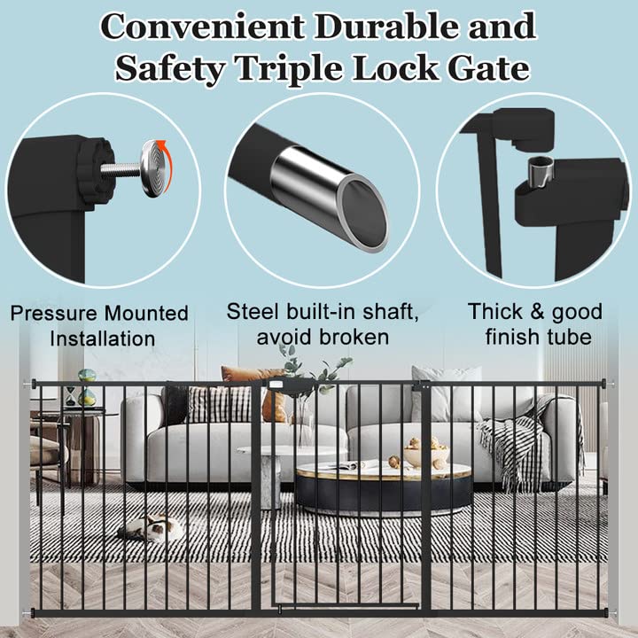 WAOWAO Triple Lock Baby Gate Extra Wide 76.77-81.49" Pressure Mounted Walk Through Swing Auto Close Safety Black Metal Dog Pet Puppy Cat for Stairs,Doorways,Kitchen