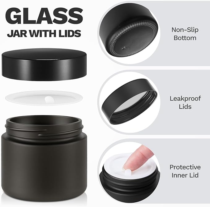 2 oz Glass Jars with Lids, Bumobum 48 pack Black Cream Jars with Black Lids, Black and White Labels & Inner Liners, Empty Cosmetic Containers for Cream, Lotion, Ointment