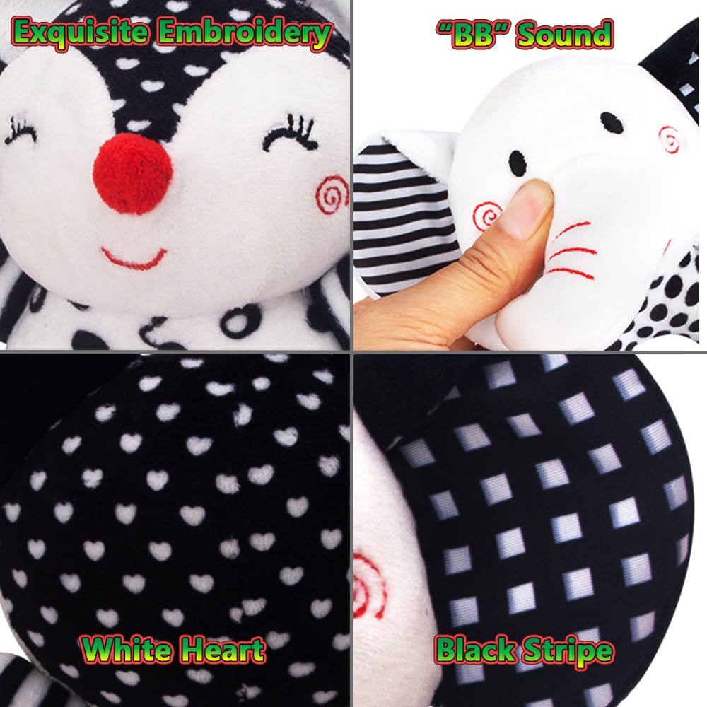 D-KINGCHY Baby Toys 0-12 Months, Black and White Newborn Toys, Soft Plush Rattle Stuffed Animal Toy with Teether and Sound, Developmental Hand Grip Toys (Fox)