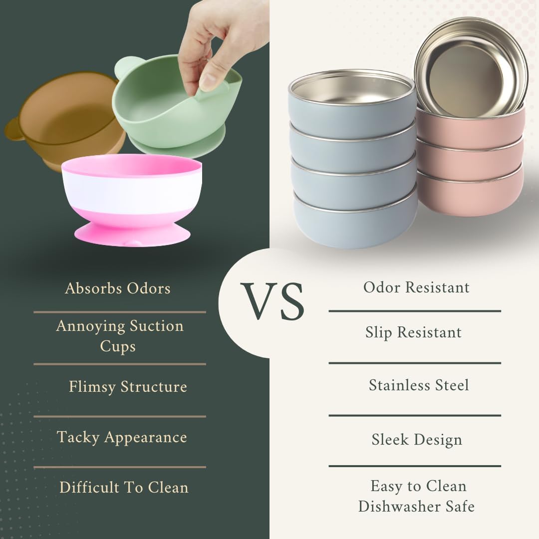 Monkey Proof™ Non-Toxic Stainless Steel Child Bowl 5” with Non-Slip Silicone Shell, (Set of 4 bowls) Unbreakable, Mess Free Feeding for Babies, Toddlers, Kids, BPA free (Mauve)