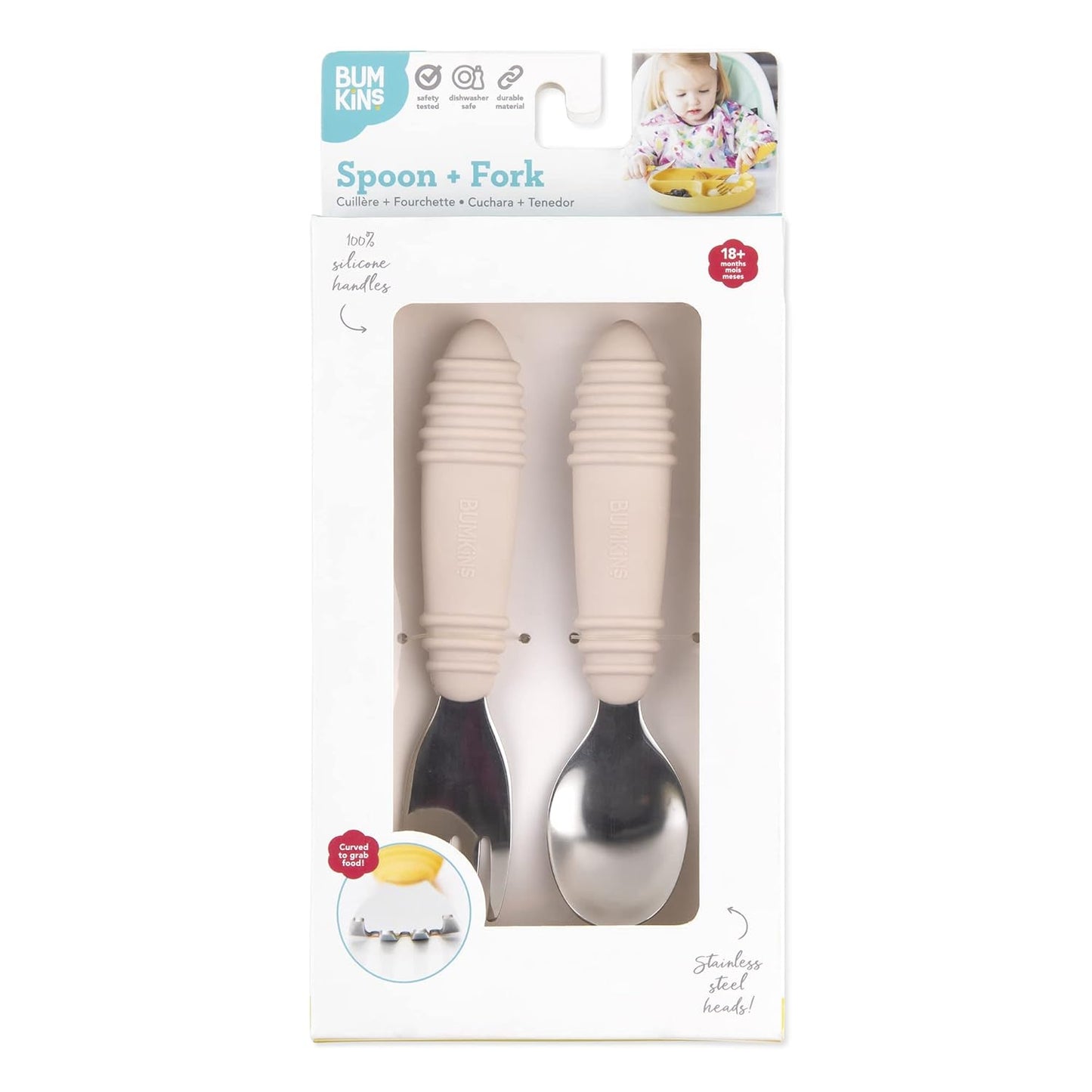 Bumkins Toddler Utensils, Kids Size Fork and Spoon Set, Silicone and Stainless-Steel Training Silverware, Angled Forks/Sporks for Self-Feeding, Children Hold Learning to Eat, 18 Mos Up, Sand Beige