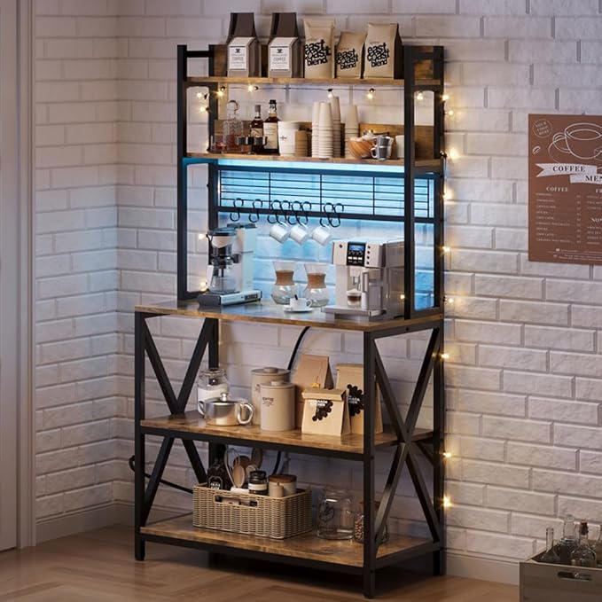 Yaheetech Kitchen Bakers Rack with Power Outlet & LED Lights, 5 Tiers Coffee Bar Table with 8 S Hooks, 64 Inches Tall Microwave Oven Stand with Storage for Spices, Pots, Rustic Brown