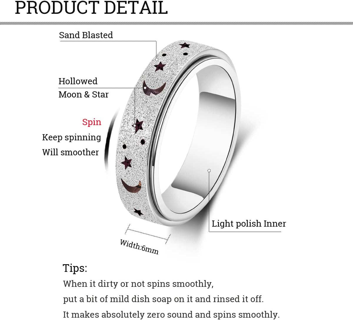 Anxiety Ring for Women Men, Titanium Stainless Steel Spinner Ring, 5 Colors, 6MM, Size 6-10, 3 Styles Anxiety Ring-Moon Star, Sandblasted Finished, Hollow Outer