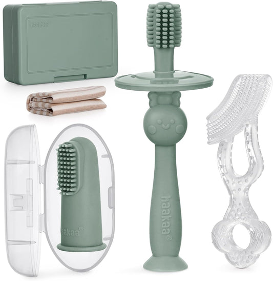 haakaa Training Toothbrush Set Oral Care Kit, Soft Silicone Toothbrush for Baby, Infants, Toddlers & Kids, Pea Green