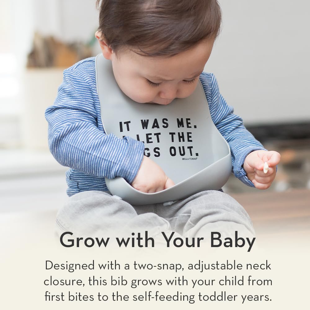 Baby Bib for Eating by Bella Tunno, Waterproof Silicone Bib with Large Food Catcher, Adjustable Fit for Babies 4-12 months & Toddlers 1-3 Years, Boys & Girls, It’s Me Hi