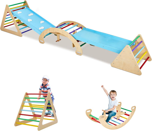 9-in-1 Climbing Triangle Set with Detachable Wooden Climbing Arch for Rocking Horse and Climbing, Indoor Triangle Jungle Playground Gym for Toddlers
