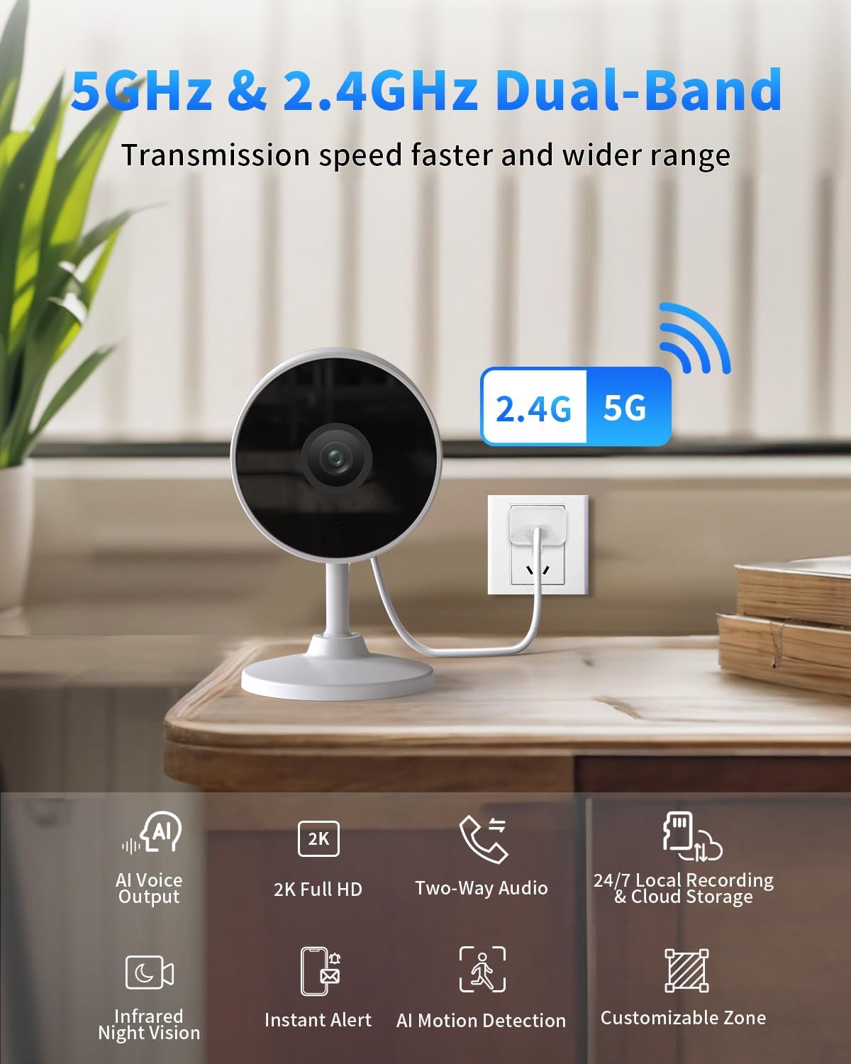 [5G & 2.4G] 2K Indoor Security Cameras for Home Security, AI Voice Change for 2-Way Talk, Motion Detection, Night Vision, 24/7 SD Recording/Cloud Storage, Baby Monitor/Dog/Pet Camera with Phone App, 4