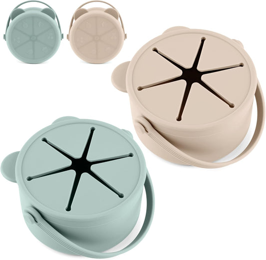 Silicone Snacks Containers for Toddlers, Baby Food Catcher Spill Proof, Kid Snacks Holder with DustProof Lid, 2 Pack Dishwasher Safe (Shifting Sand/Sage)