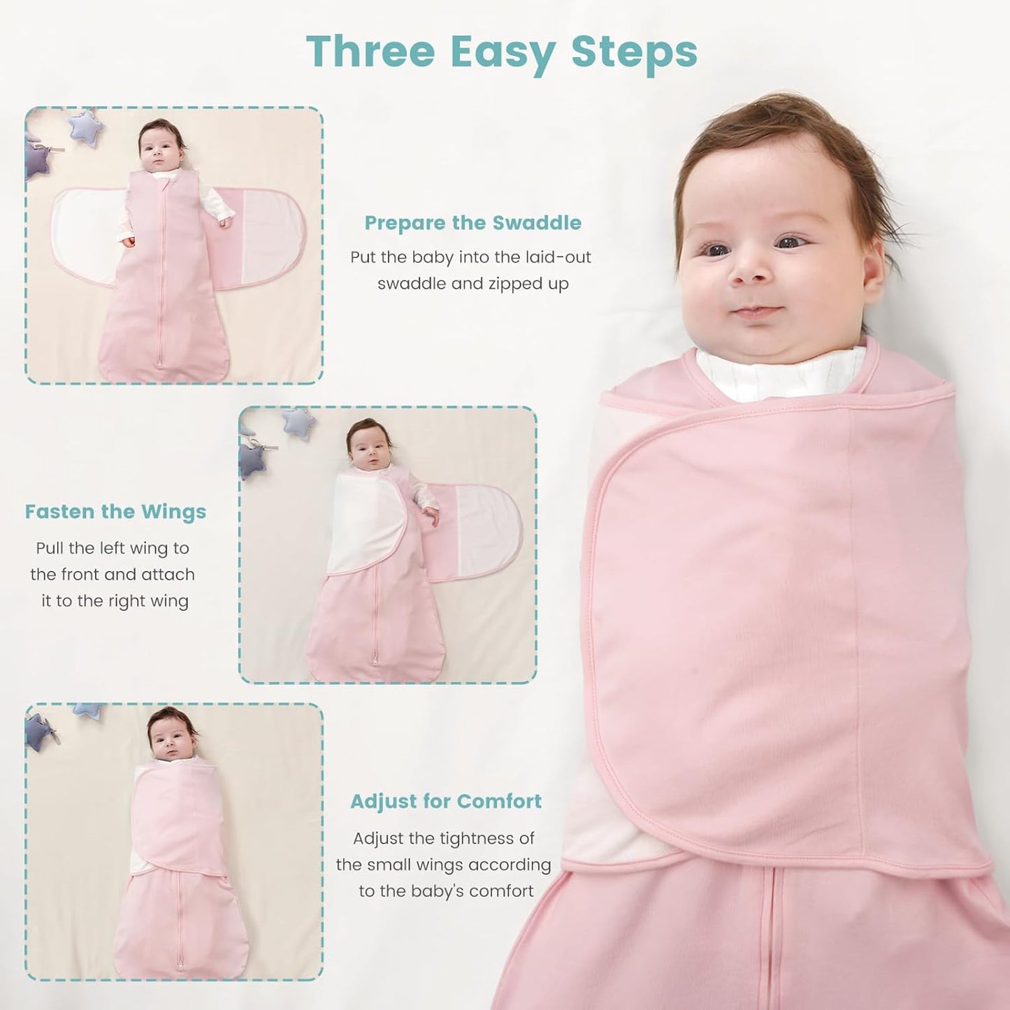 Baby Swaddle Sleep Sack 1.0 Tog 3-in-1 Cotton Baby Swaddle Blanket Wrap for Newborns 0-6 Months Pink
