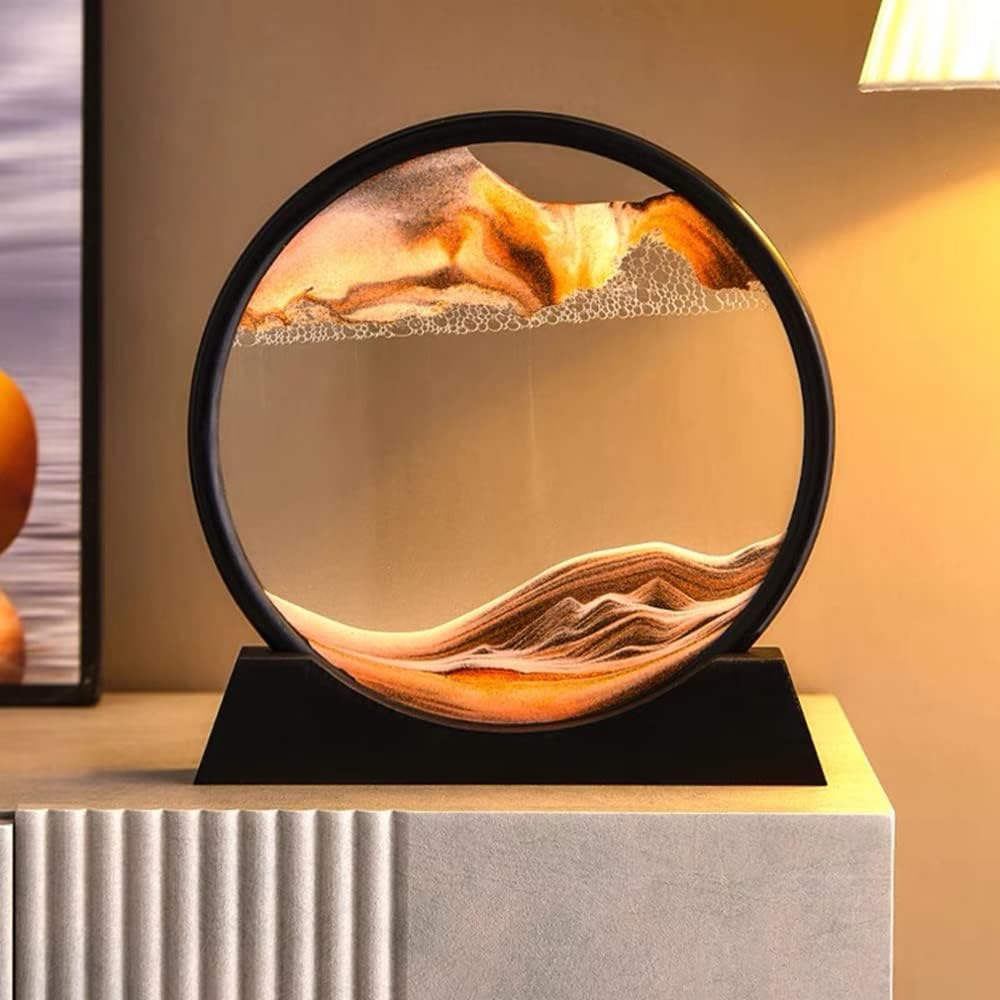 Moving Sand Art Picture,Liquid Motion 3D Sea Sandscape in Motion Display, Flowing Sand Frame Desktop Art Bookshelves Home Office Decoration (12 inch, Orange)