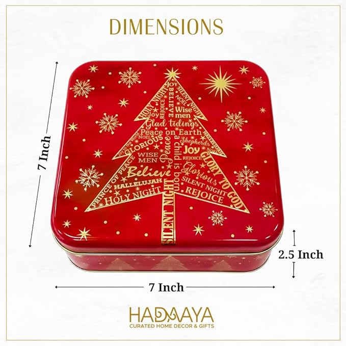 Metal Square Festive Christmas Cookie Tin with Lid | Festive Holiday Storage for Candy Snacks Holiday Christmas Party Decor Favor Gift Box RED GOLD JOY SNOWFLAKE