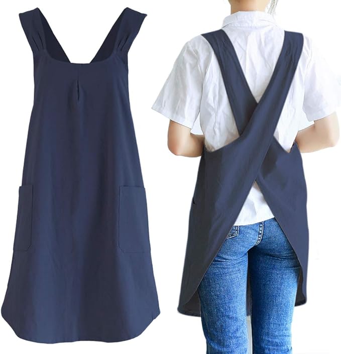NEWGEM Japanese Linen Cross Back Cooking Aprons for Women Men with Pockets Cute for Baking Kitchen