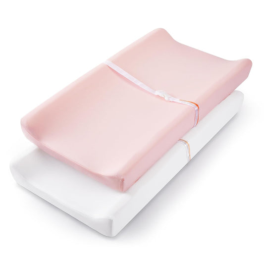 TILLYOU Changing Pad Cover Set in Soft Jersey Material - Fits 32"/34''x16 Contoured Pad for Babies,Peachy Pink & White