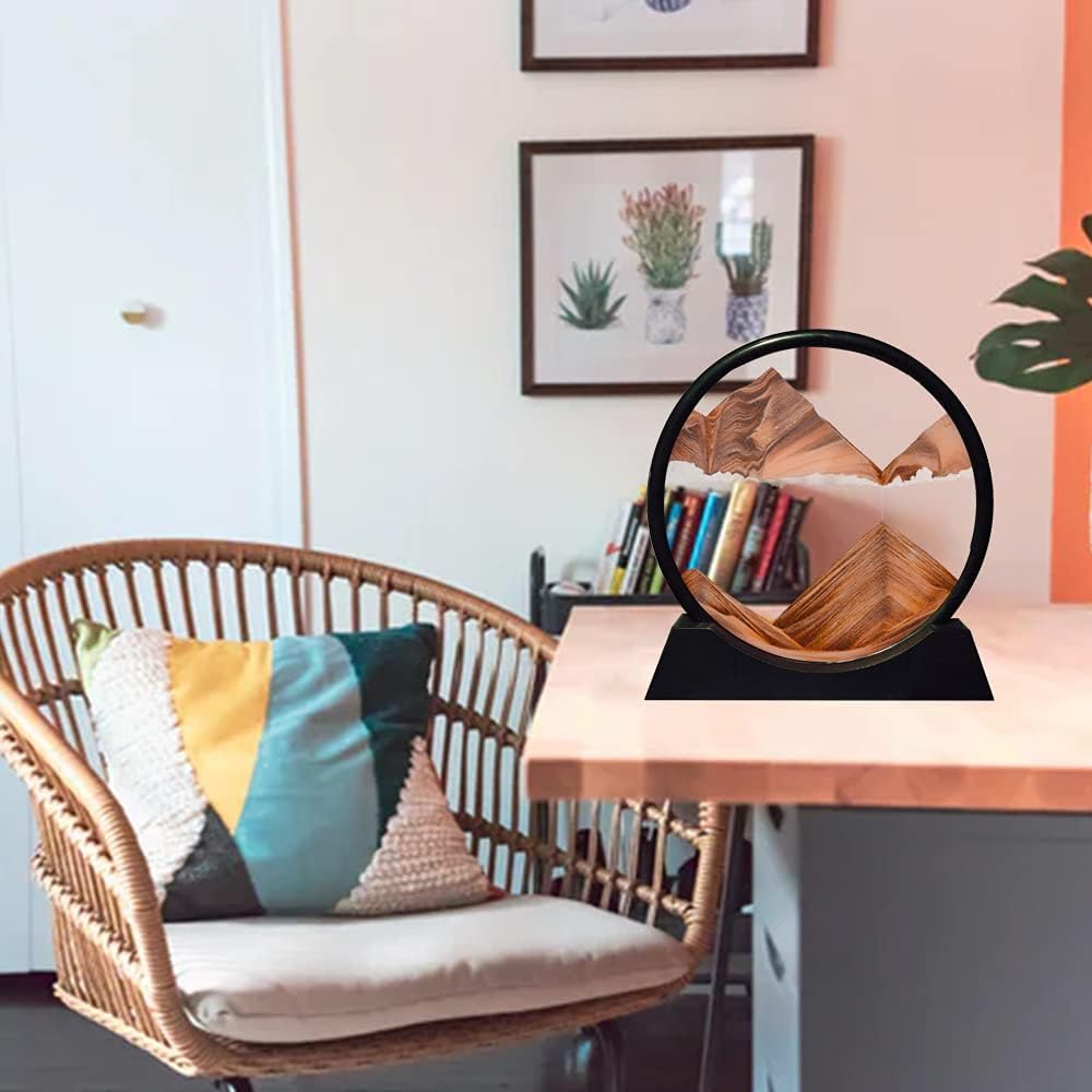 Aoderun Moving Sand Art Picture Round Glass 3D Deep Sea Sandscape in Motion Display Flowing Sand Frame Relaxing Desktop Home Office Work Decor (7", Orange)