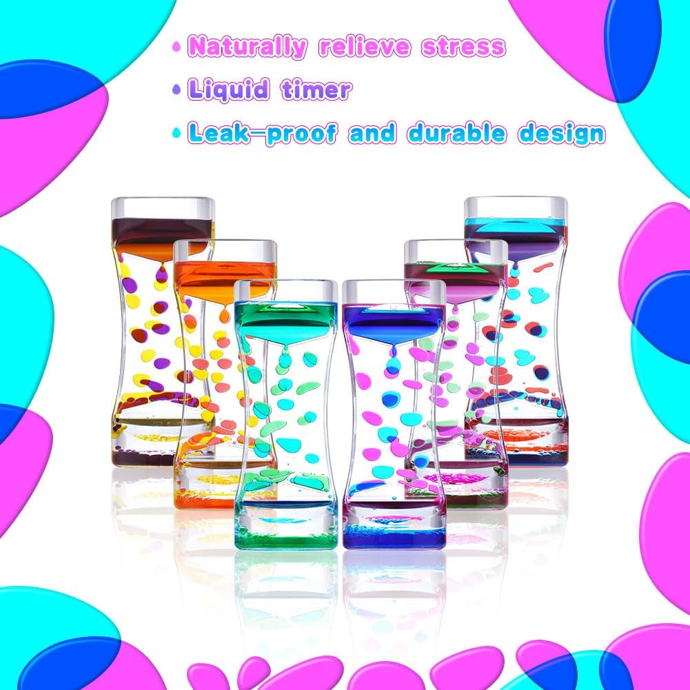 6 Pcs Liquid Motion Bubbler Timer, Oil Hourglass Liquid Sensory Calming Toy, Office Desk Toys Novelty Toys Fidget Toys for Kids and Adults Stress Relief and Anxiety Fidget Water Timers