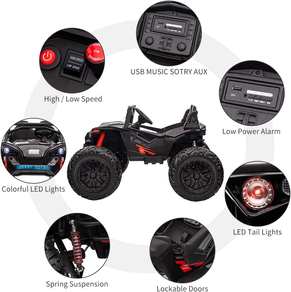 2 Seaters 24V Ride on UTV with Remote Control,10AH Battery, 400W Powerful Motors with 17" EVA Wheels, 20.5“ Seat Width Electric Ride Toy with Metal Suspension,LED Lights,Music,Horn (Black)