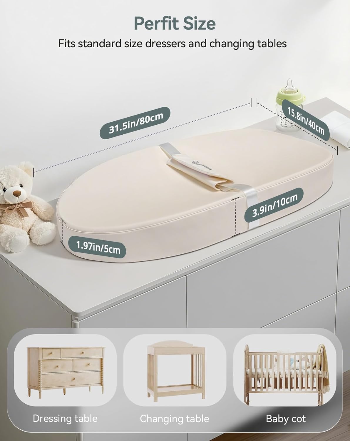 COMOMY Baby Changing Pad with Wipeable & Waterproof PU Cover, Contoured Diaper Changing Pad for Dresser with Non-Slip Safety Belt, Portable and Lightweight, Large Cushioned Foam, Beige