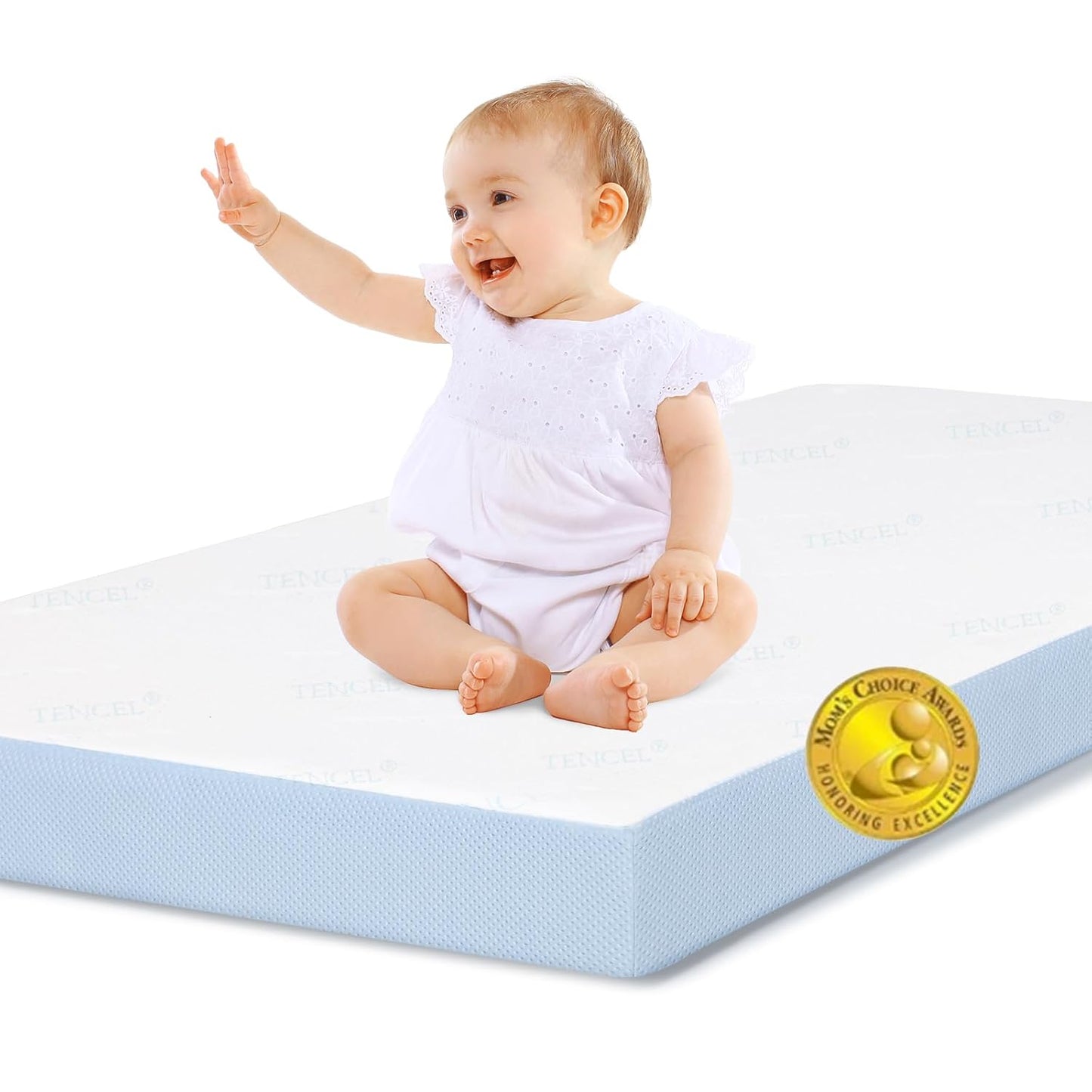 BABELIO Toddler Mattress for Crib Memory Foam 2 Stage Standard Size, with Removable Waterproof Cover Blue and White