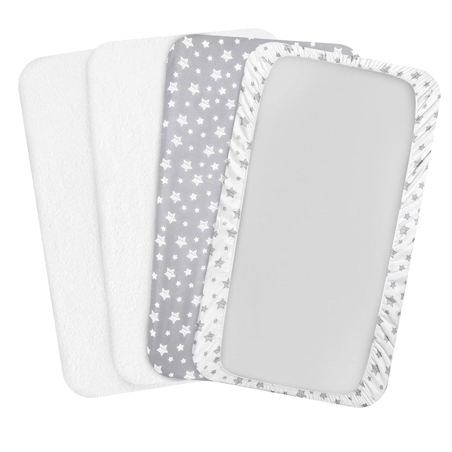 Pack and Play Sheets & Waterproof Terry Pack N Play Mattress Protector Pad Cover 4 Pack, Viscose Terry Pack N Play Sheets Set, Grey & White
