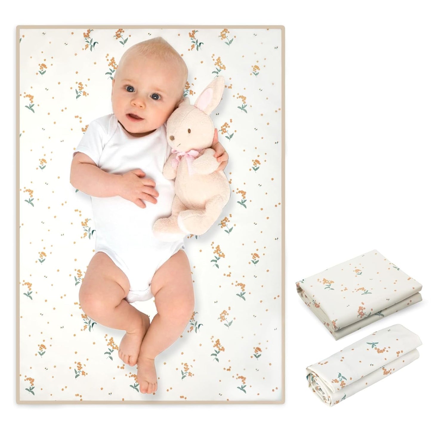 Vegan Leather Baby Changing Mat - Wipeable Portable Changing Pad, Foldable Travel Changing Mat for Baby, Newborns Toddlers Shower Gifts (Orange Floral,20"*28")