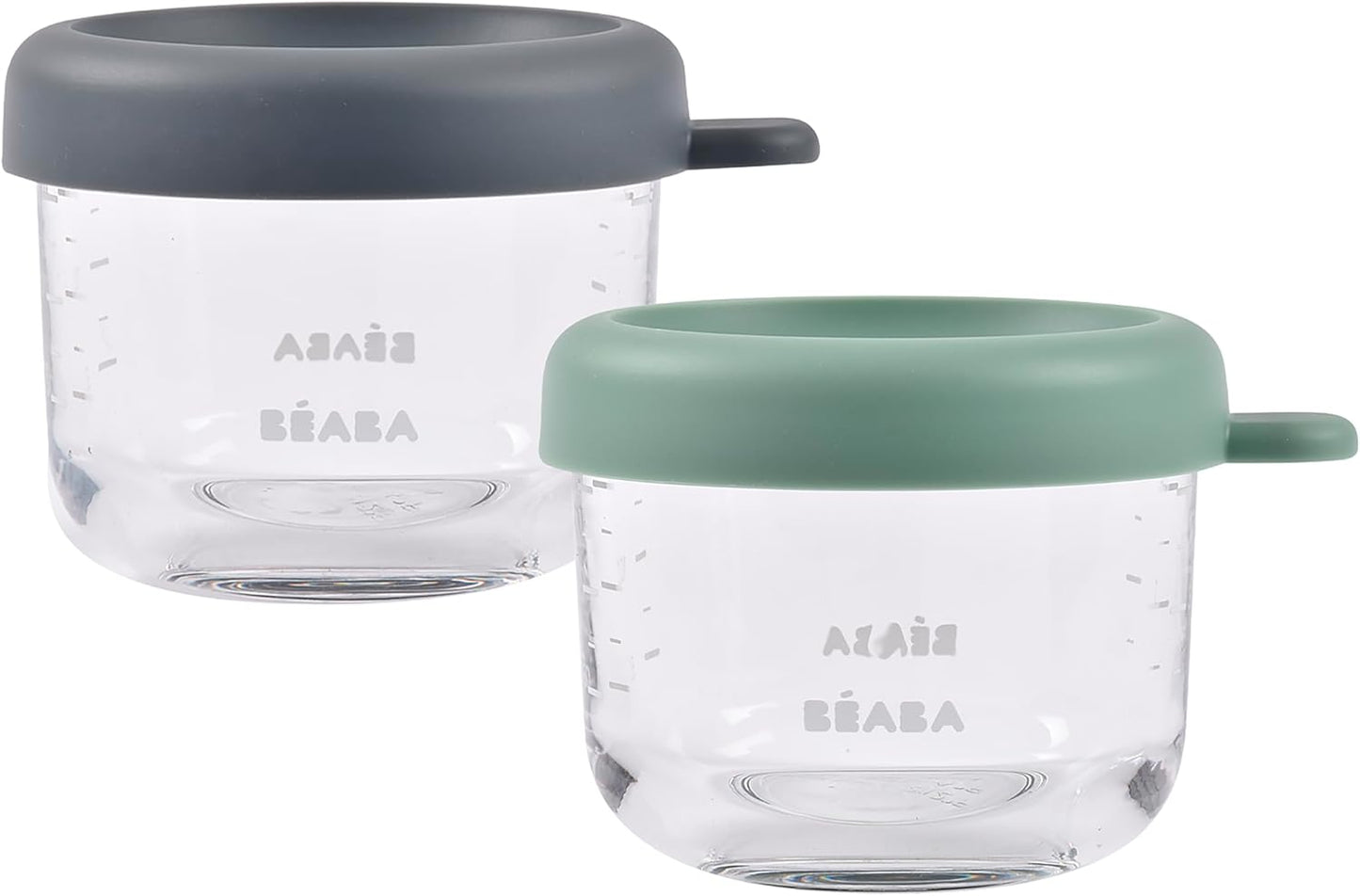 Beaba 2 Pack Glass Baby Food Jars, Freezer, Sterilizer, and Dishwasher Safe, 5 oz Baby Food Storage Jars with Silicone Air Tight Lid, Mineral/Sage