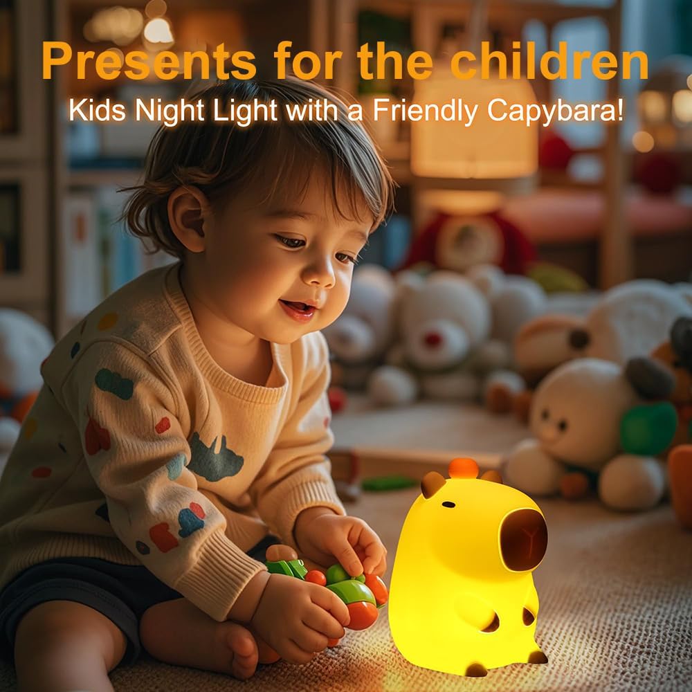 Capybara Little Night Light for Kids, Portable USB Rechargeable Animal Lamps Touch Control Lamp, Silicone Night Light with Timing Function,Children's Christmas Gifts
